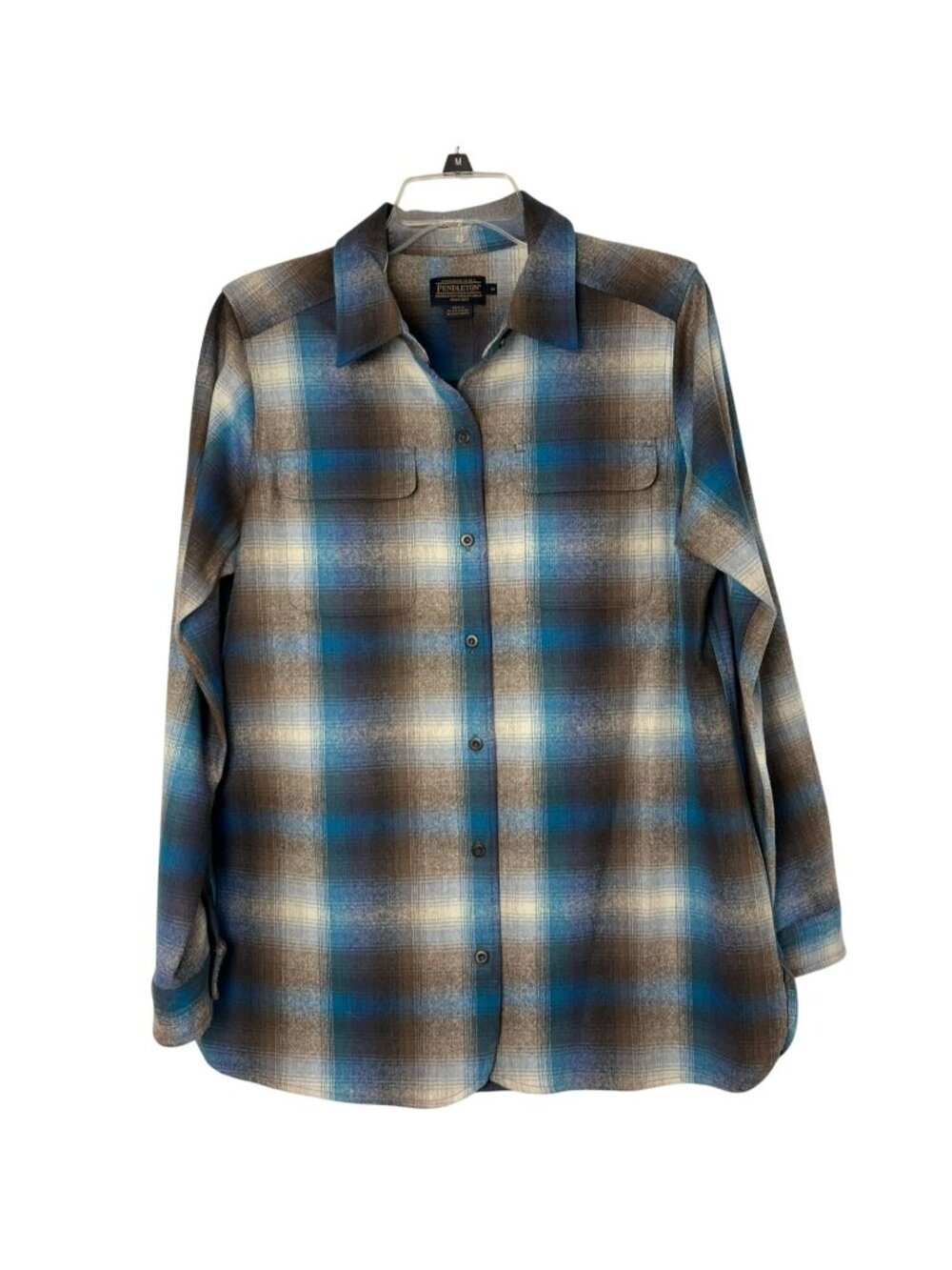 Pendleton Womens M 100% Virgin Wool Plaid Shirt Turquoise Blue Brown Used